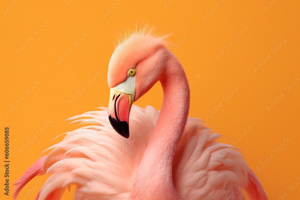 Poster a pink flamingo standing in front of an orange background with its head turned to the side and its b