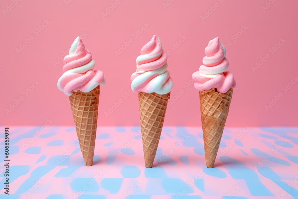 Aufkleber three pink and white ice cream cones on a pink background the cones are arranged in a triangular for