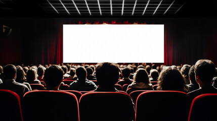People in the cinema auditorium with empty white screen. - 606659287