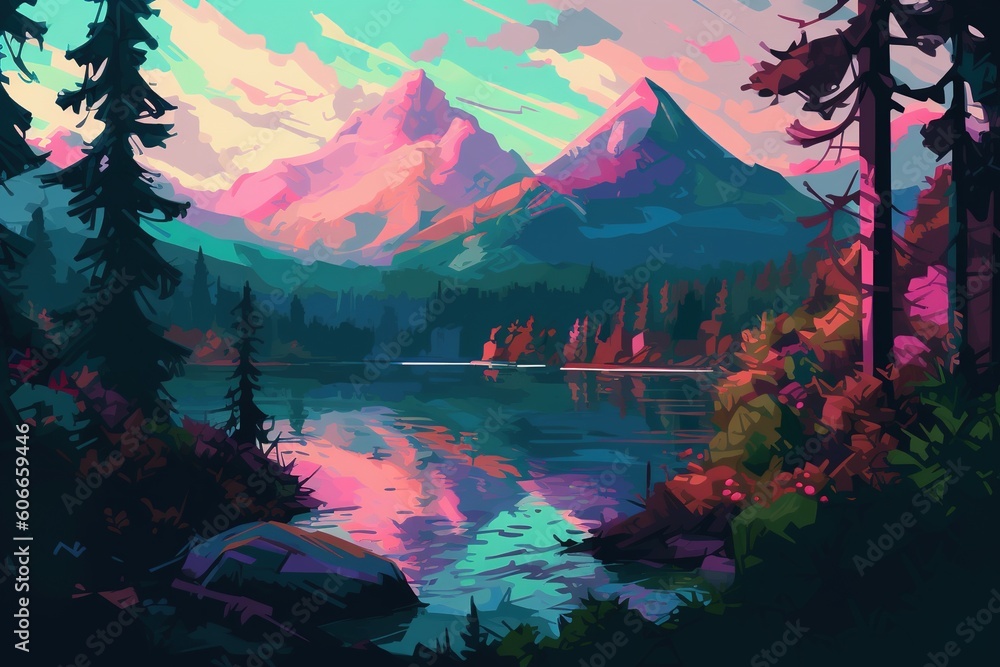 Poster a picture depicting a lake in the mountains that is encircled by trees generative ai