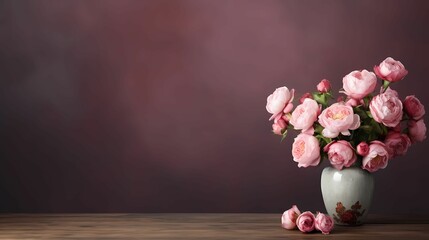 Vase with pink roses on the table againts the blank wall 