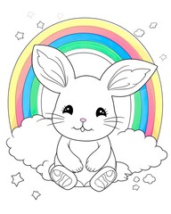 Cute bunny cub with rainbows illustration. Cute bunny with beautiful rainbows on a white background. Bunny cub sitting with clouds and rainbows. Cute bunny cub design. AI generated.