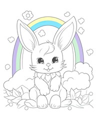 Cute bunny cub with rainbows illustration. Cute bunny illustration with beautiful rainbows on a white background. Cute bunny cub design for kids and adults. AI generated.