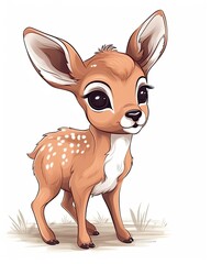 Deer cub illustration set for kids. Cute fawn standing bundle design on white backgrounds. Beautiful baby deer smiling cartoon illustration with cute eyes. Fawn bundle design. AI generated.