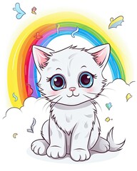 Kitten with cute eyes smiling. Cute colorful kitten sitting bundle illustration. Baby cat set design with rainbows on a white background. Colorful kitten illustration collection for kids. AI generated