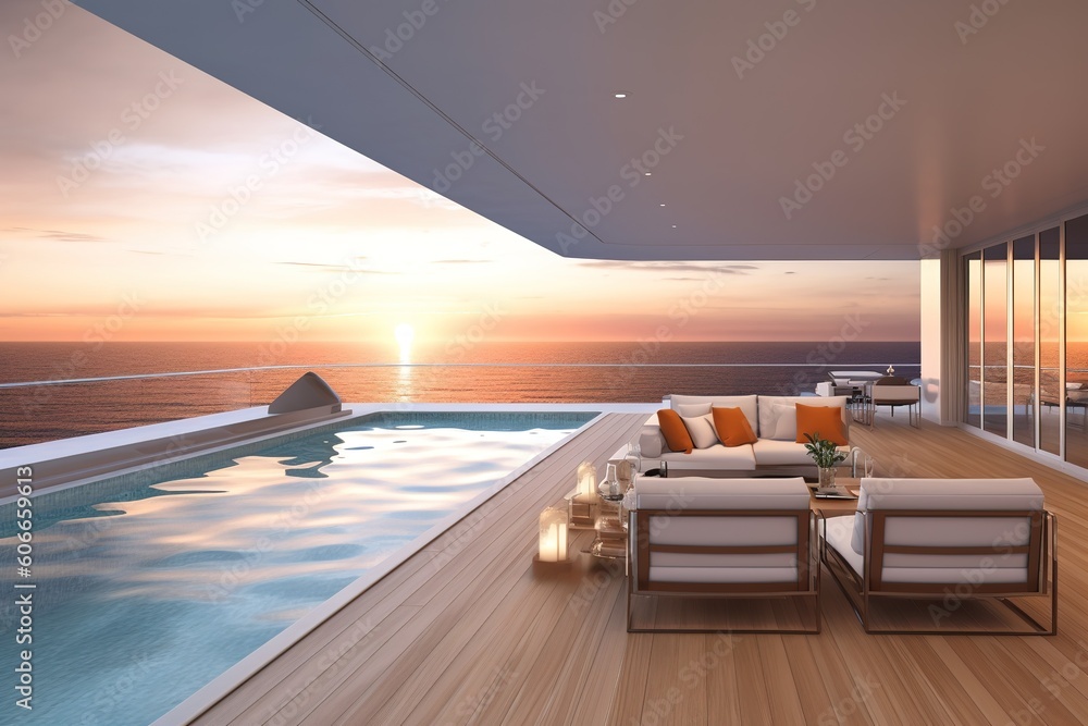 Poster a sitting area consisting of a sofa and a table, located right next to a pool. generative ai