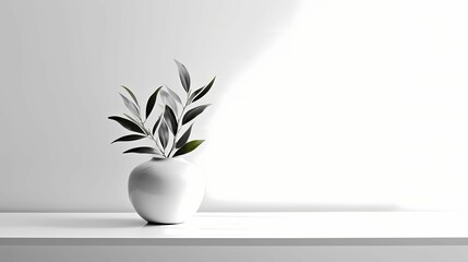 White vase with plant on the table with Grey blank wall  copyspace. AI Generative Image 
