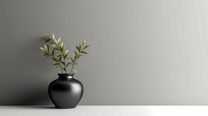Black vase with plant on the table with blank wall  copyspace. AI Generative Image 