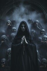 Fototapeta na wymiar Dark satanic possessed nun surrounded by skulls in a nightmare