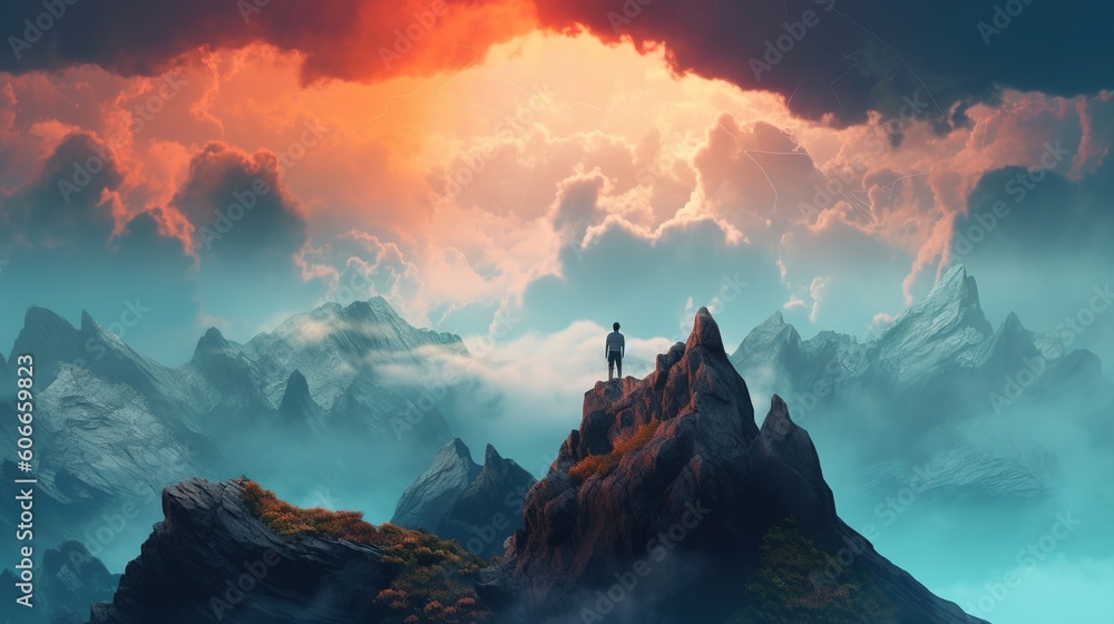 Poster a guy standing on the peak of a mountain as clouds envelop him from all sides. generative ai