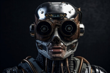 Futuristic robot in sunglasses and headphones looking in front of camera. Robot modern accessories. AI robotic humanoid machine, artificial intelligence technology concept. Generative AI Technology.