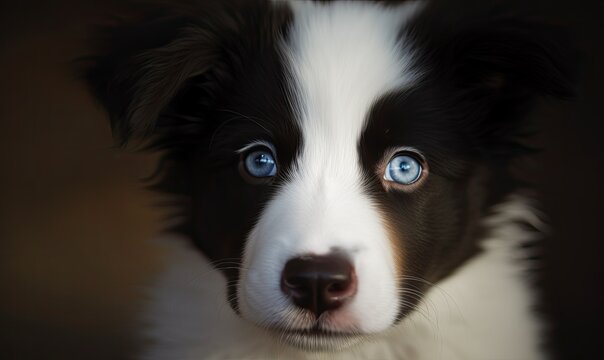 Playful border collie puppy enchants with its mesmerizing blue-eyed gaze. Creating using generative AI tools