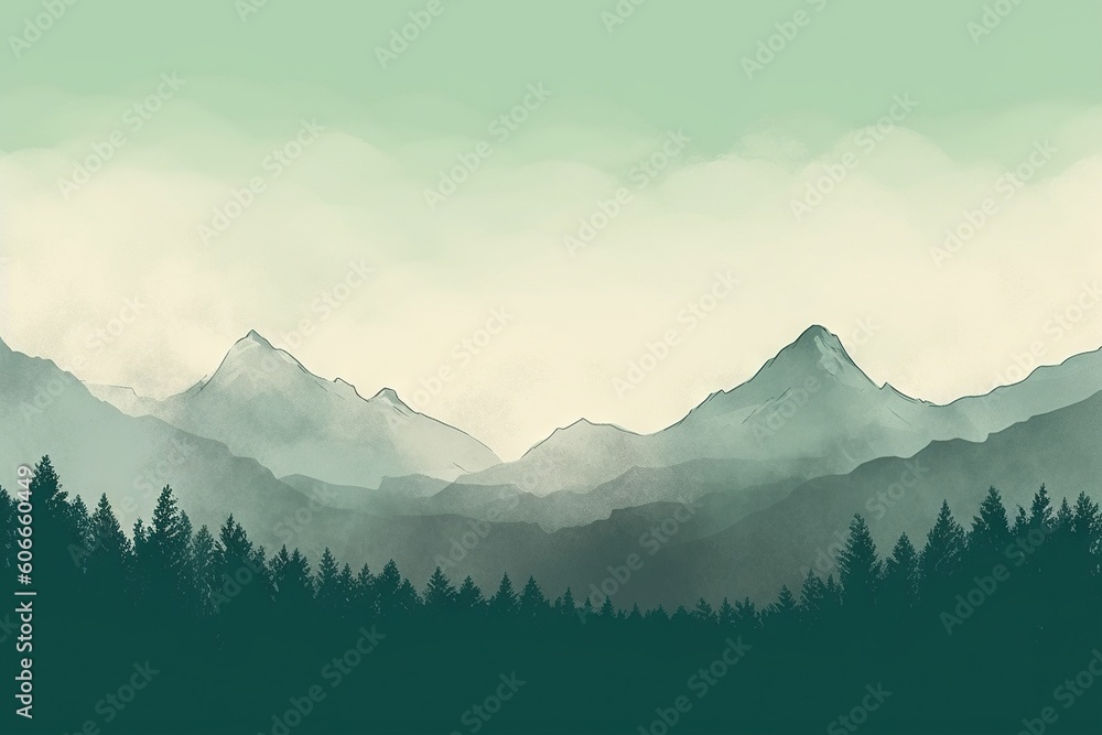 Poster a painting of a mountain range with trees in the foreground and clouds in the sky in the background,