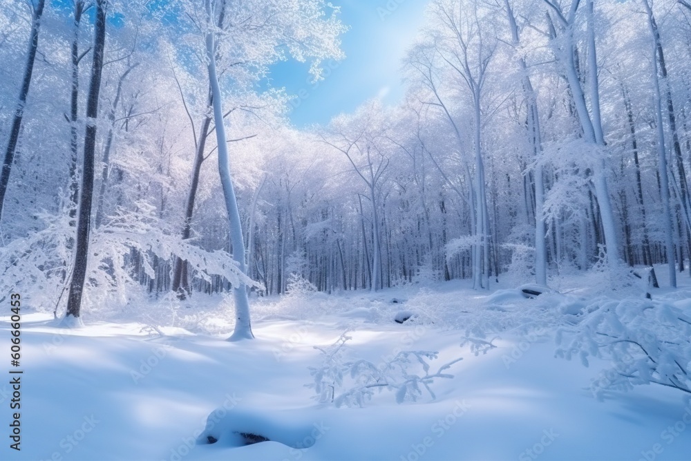 Poster a winter forest with snow covered trees and a blue sky in the background the trees are blanketed in 