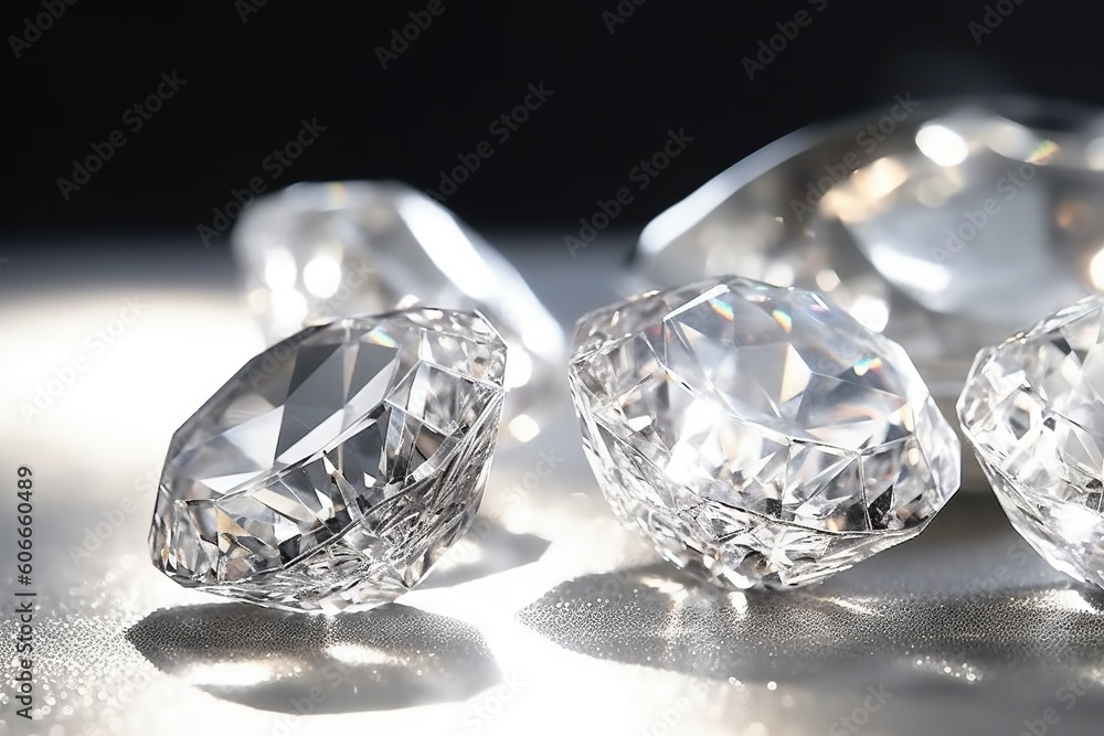 Aufkleber a group of diamonds sitting on top of a silver table top next to a black background with a light shi