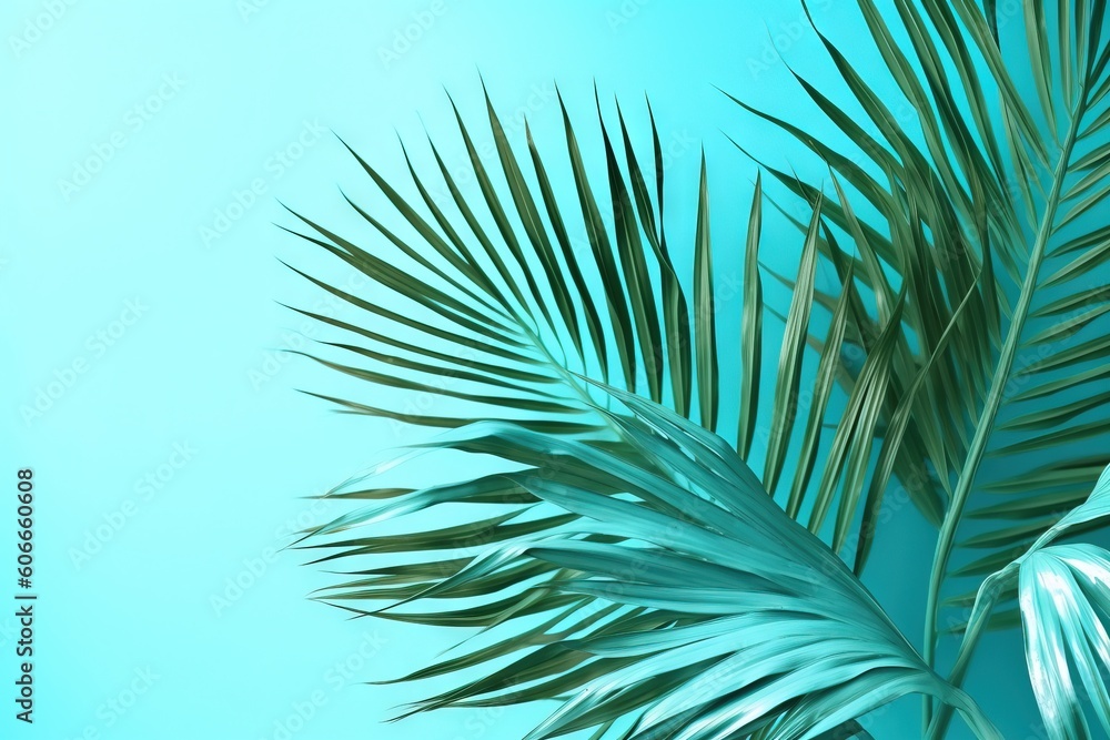 Poster a close up of a palm leaf on a blue background with a sky in the background of the image is a blurry