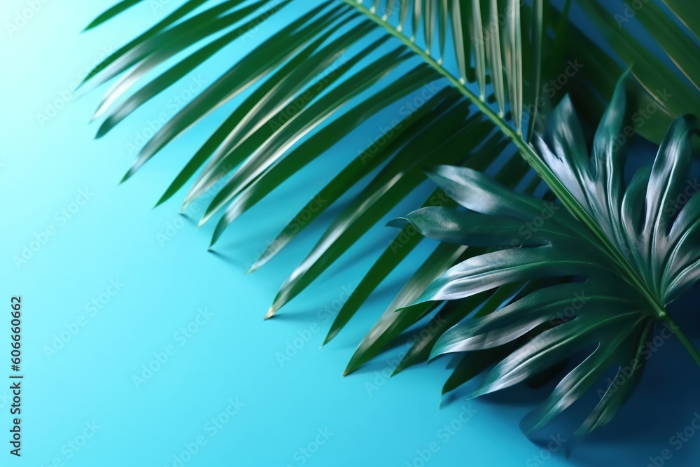 Poster a close up of a palm leaf on a blue background with a shadow of a plant on the left side of the fram