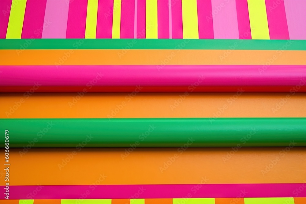 Poster a close up of a group of different colors of plastic material on a table with a pink, yellow, and gr