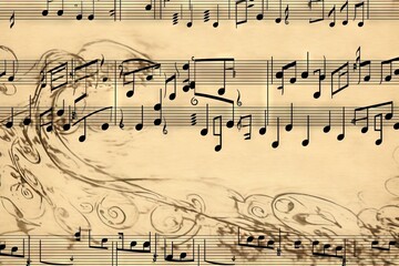  a sheet of music with musical notes and notes written in black ink on a sheet of parchment paper with a drawing of a bird on it.  generative ai - obrazy, fototapety, plakaty