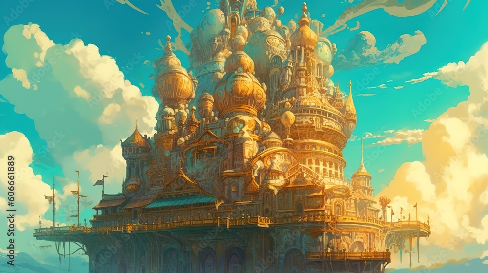 Poster an image depicting a castle floating in the air generative ai
