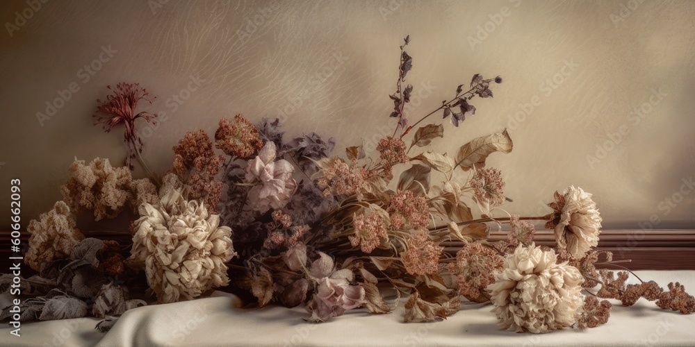 Poster a bouquet of withered flowers arranged in a clump and placed on top of a table generative ai
