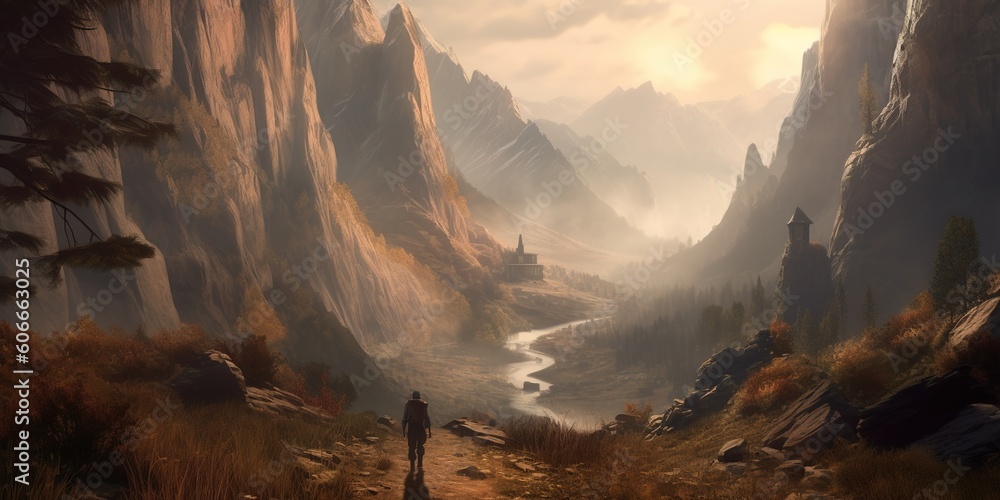 Poster depiction of a guy standing in a mountain valley as an example generative ai