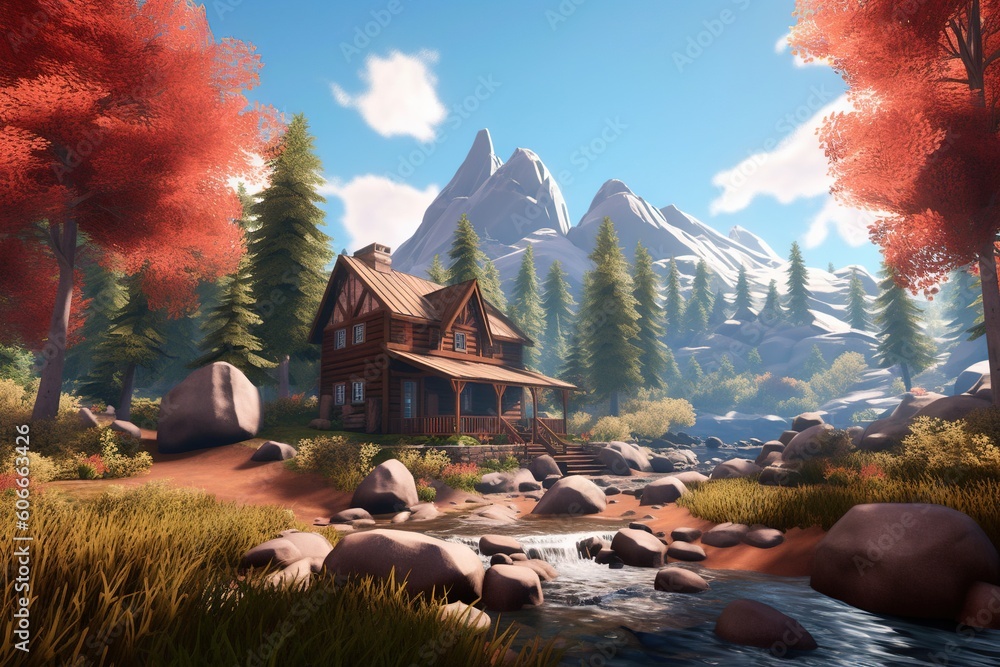 Poster a painting of a cabin in the woods with a stream running through it and a mountain in the background