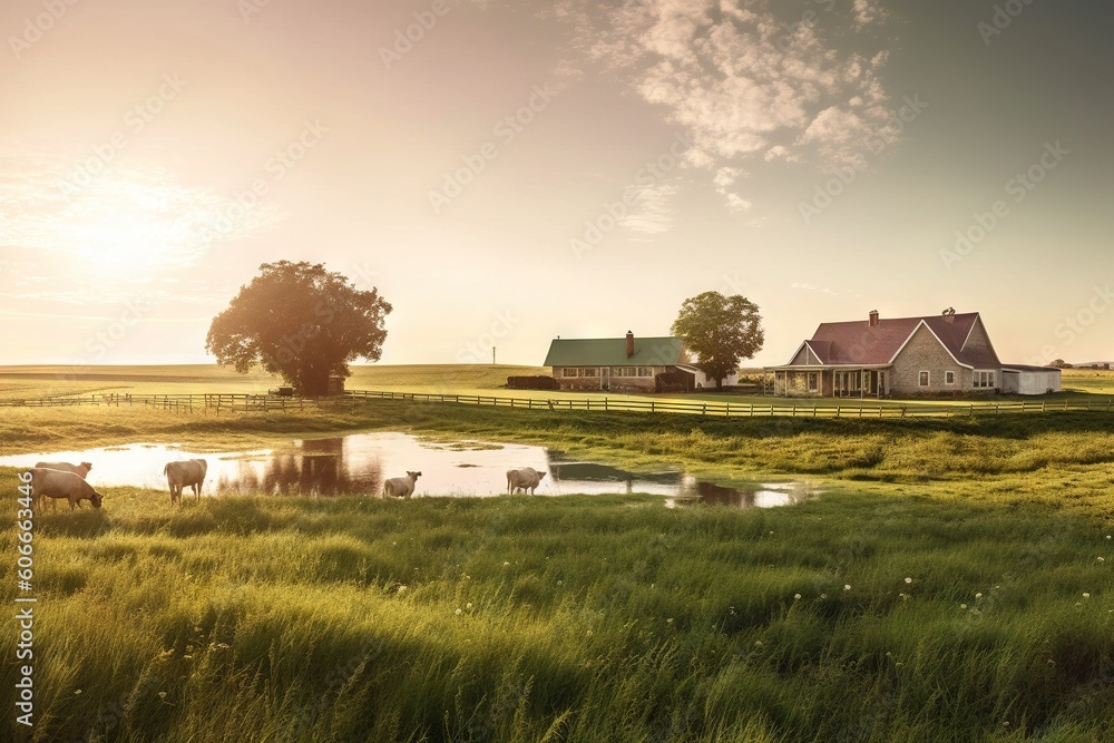 Poster a herd of cattle grazing on a lush green field next to a small pond in front of a house with a red r