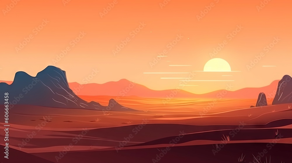 Poster a desert scene with mountains and a sun in the distance with a red sky and a few clouds in the dista