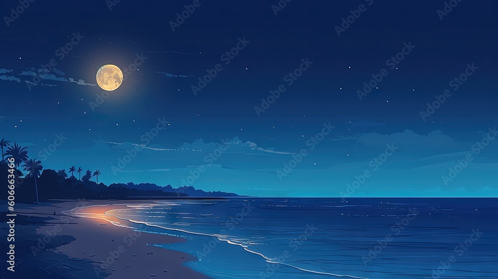 Poster a full moon over a beach with palm trees and a full moon in the sky above the ocean and a beach with