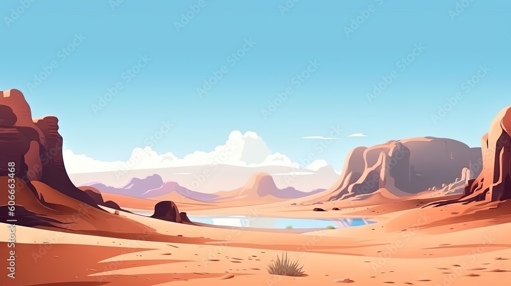 Aufkleber a desert landscape with a lake in the middle of it and mountains in the background with clouds in th
