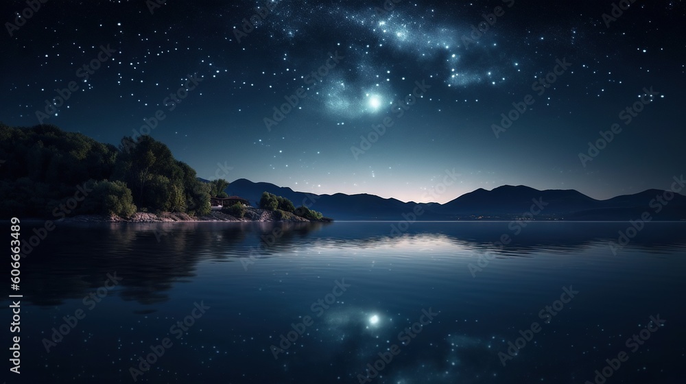 Poster a night scene with a lake and stars in the sky and a mountain range in the distance with a lake in t
