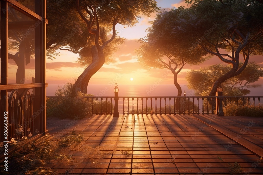 Poster a person standing on a deck in front of a sunset over a body of water with trees in the foreground a