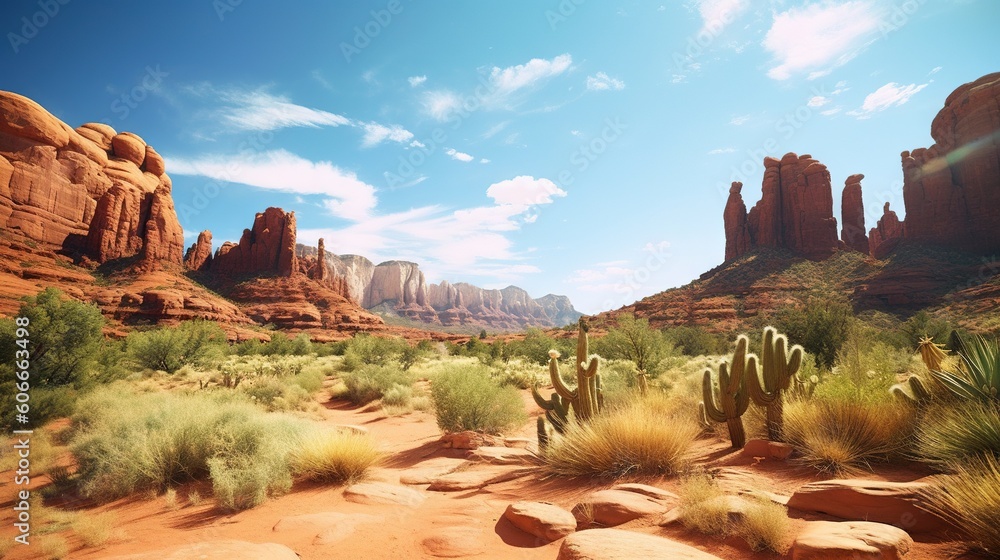 Poster a desert scene with rocks and cactus plants in the foreground and a blue sky with white clouds in th