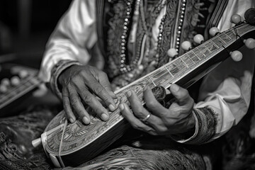 an indian man playing the sitar guitar in black and white, with his hands resting on top of neck. Generative Ai