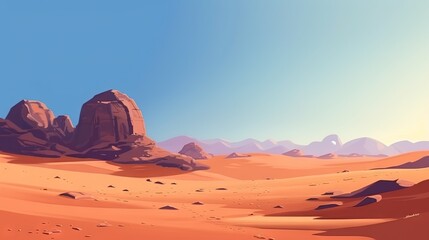 Naklejka na ściany i meble a desert scene with rocks and sand in the foreground and a blue sky in the background with a few clouds in the sky above. generative ai