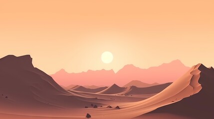 Plakat a desert landscape with mountains and a sun in the distance, with a pink sky and a few clouds in the distance, and a few small trees in the foreground. generative ai