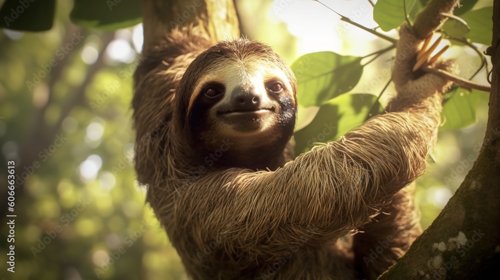 Aufkleber a sloth hanging from a tree in a forest with leaves on it's back and a smile on its face, with its e