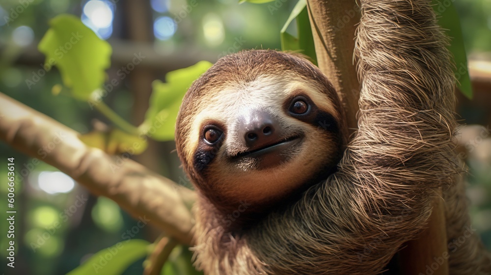 Poster a sloth hanging from a tree branch with its eyes wide open and a smile on its face, with its tongue 