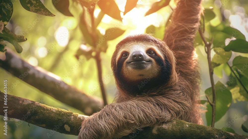 Poster a brown and white sloth hanging from a tree branch in a forest with sunlight shining through the lea
