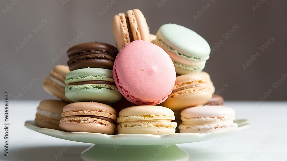 Poster a plate of assorted macaroons on a white tablecloth with a gray background and a gray wall behind it