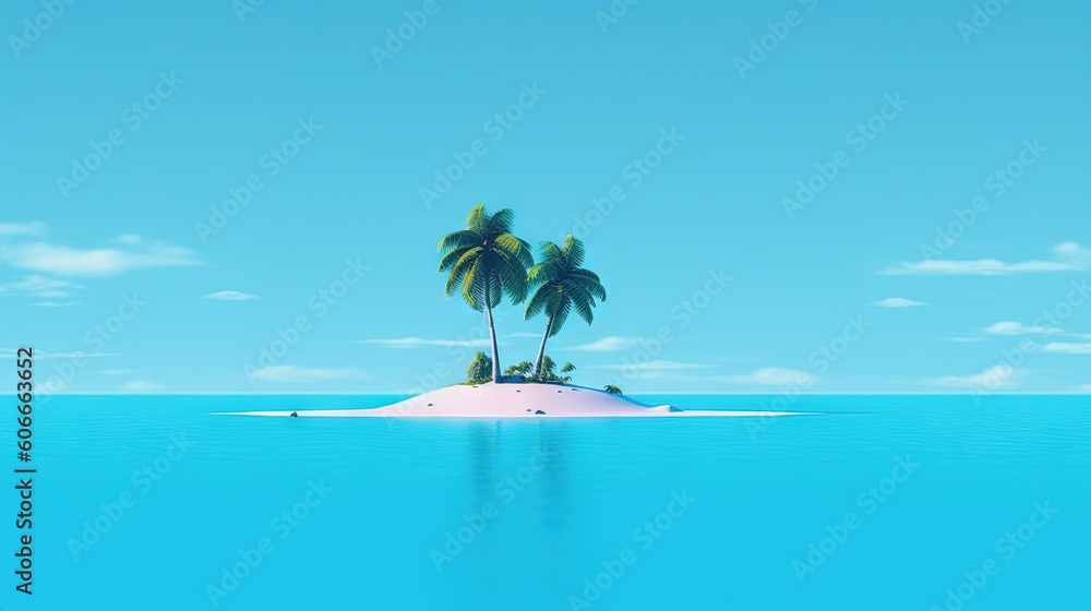 Poster a small island with two palm trees in the middle of the ocean with a blue sky and clouds in the back