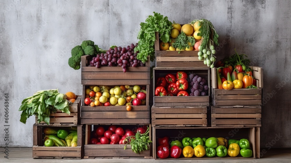 Poster a pile of crates filled with lots of different types of fruits and veggies on top of a wooden floor 