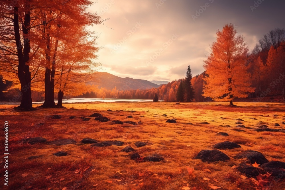 Aufkleber a grassy field with trees and a lake in the distance with a cloudy sky in the distance, with a few c