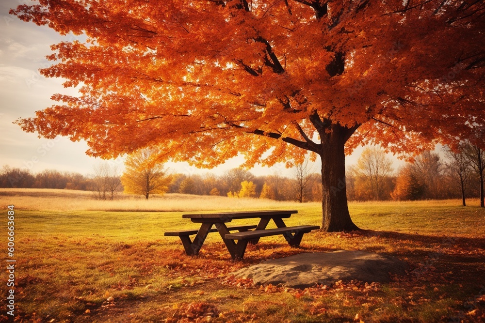 Poster a picnic table under a tree in a field with fall leaves on the ground and grass in the foreground, a