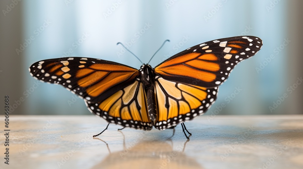Poster a close up of a butterfly on a table with a curtain in the backgrouund of the room in the backgrouun