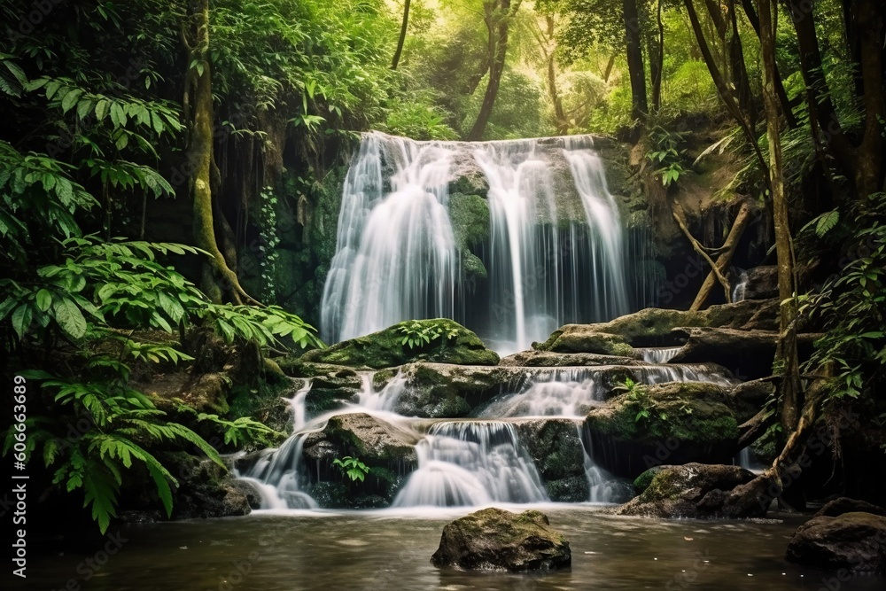 Poster a waterfall in the middle of a forest with lots of trees and rocks in the foreground and a few rocks