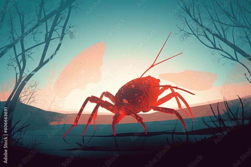 Poster a red spider sitting in the middle of a forest with trees in the background and a blue sky in the ba