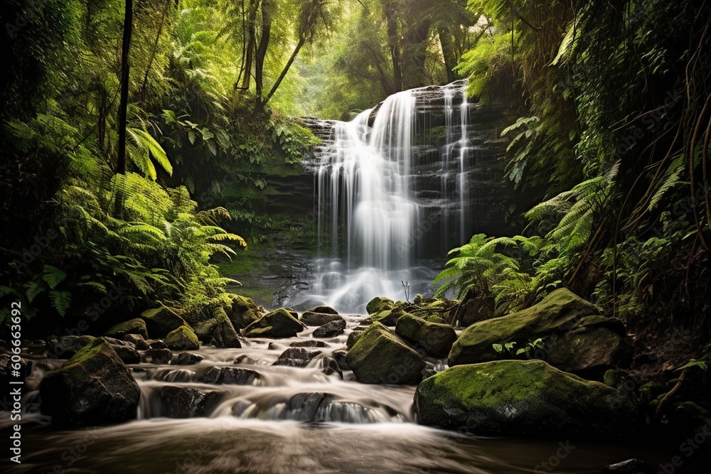 Poster a waterfall in the middle of a lush green forest filled with rocks and trees, with a stream running 