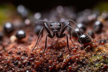 a close up of a ant walking on the ground. Macro photography of insect in natural environment. Generative Ai